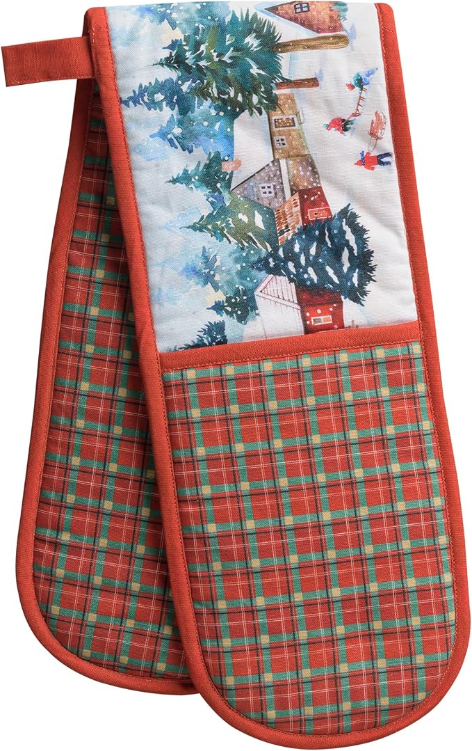 Maison d' Hermine Double Oven Mitts 100% Cotton Double Oven Glove (7"x35") | Heat Resistant BBQ Cooking Gloves with Loop Baking Kitchen Home Hotel Farmhouse Thanksgiving Christmas - Megeve
