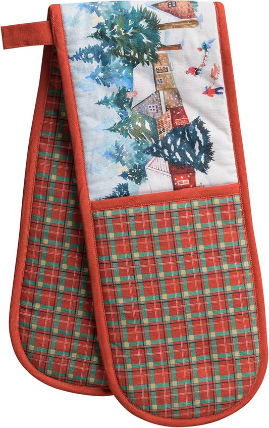 Maison d' Hermine Double Oven Mitts 100% Cotton Double Oven Glove (7"x35") | Heat Resistant BBQ Cooking Gloves with Loop Baking Kitchen Home Hotel Farmhouse Thanksgiving Christmas - Megeve