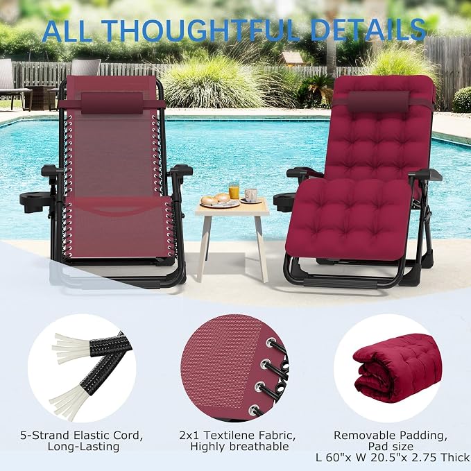 Slendor Zero Gravity Chair, Recliner Lounge Chairs with Cushion, Wine Red | Reclining Lounge Chair, Folding Anti Gravity Chairs w/Upgraded Lock, Removable Upgraded&Headrest, 440lbs, for Indoor Outdoor