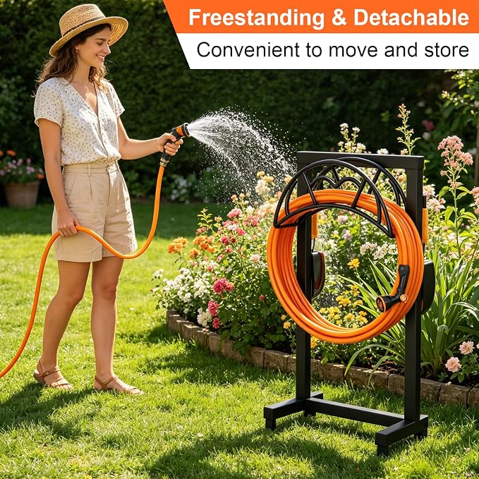 VyGrow Garden Hose Holder, Freestanding Heavy Duty Water Hose Holder for Outside, Upgraded Metal Hose Stand with 4 Spikes, Detachable Garden Hose Storage Hose Reel Rack, Black