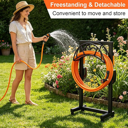 VyGrow Garden Hose Holder, Freestanding Heavy Duty Water Hose Holder for Outside, Upgraded Metal Hose Stand with 4 Spikes, Detachable Garden Hose Storage Hose Reel Rack, Black