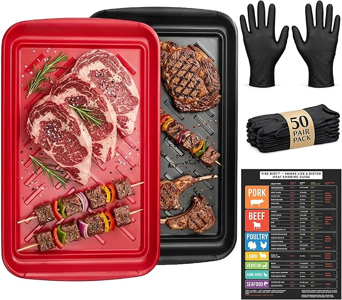 FIRE RIOT Grilling Prep & Serve Trays Set, BBQ Trays for Marinating Raw & Cooked Food with 50 Nitrile Gloves & Meat Smoking Guide, Dishwasher Safe