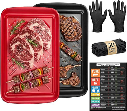 FIRE RIOT Grilling Prep & Serve Trays Set, BBQ Trays for Marinating Raw & Cooked Food with 50 Nitrile Gloves & Meat Smoking Guide, Dishwasher Safe
