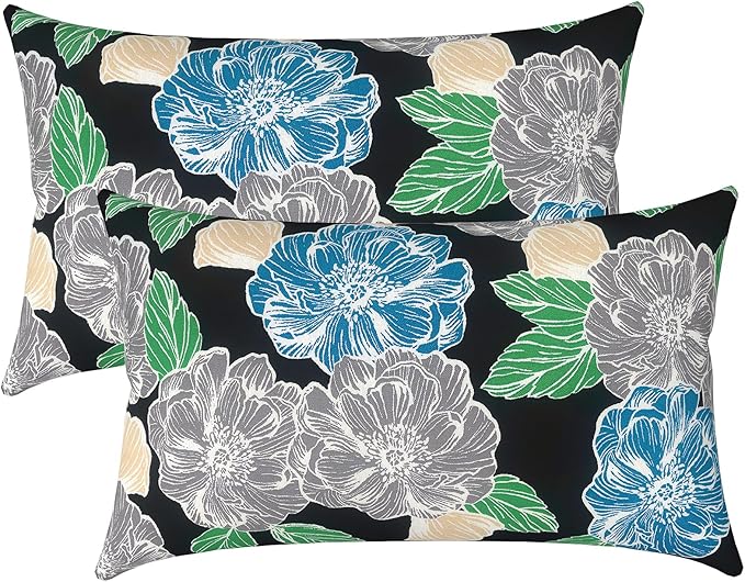 LVTXIII Outdoor/Indoor Lumbar Pillow Covers ONLY, Decorative Patio Lumbar Cushion Covers, Fluffy Water Repellent Garden Cushion Cases for Home Patio Coach Sofa Use, 12x20 Inch, Pack of 2, Peony Garden
