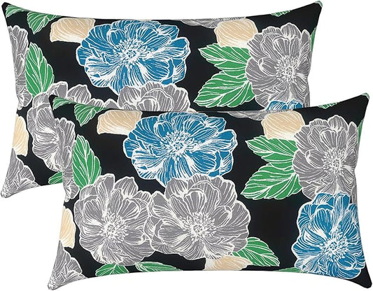 LVTXIII Outdoor/Indoor Lumbar Pillow Covers ONLY, Decorative Patio Lumbar Cushion Covers, Fluffy Water Repellent Garden Cushion Cases for Home Patio Coach Sofa Use, 12x20 Inch, Pack of 2, Peony Garden