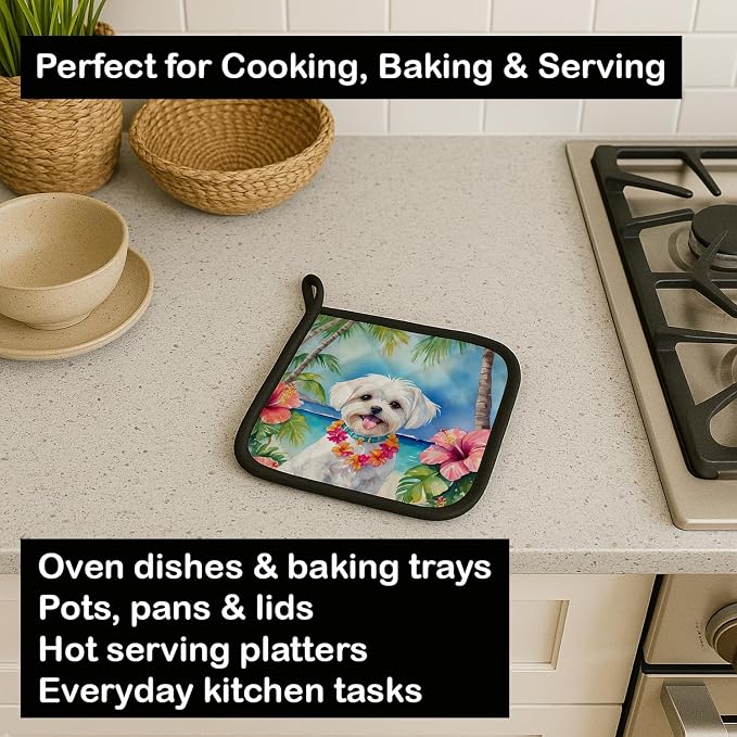 Caroline's Treasures Maltese Luau Pair of Pot Holders Kitchen Heat Resistant Pot Holders Sets Oven Hot Pads for Cooking Baking BBQ, 7 1/2 x 7 1/2