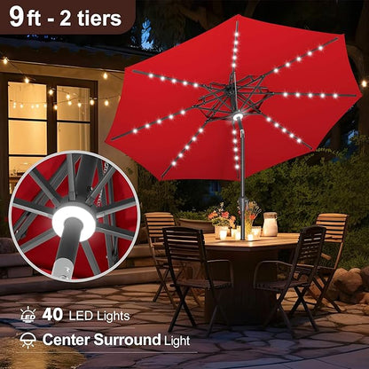 FLAME&SHADE 2 Tiers 9ft Solar Light Patio Umbrella, 40 LED lights outdoor umbrella with Centre Surround Light, Table Market Umbrella for Deck, Pool, Porch, Backyard, Garden (Red)