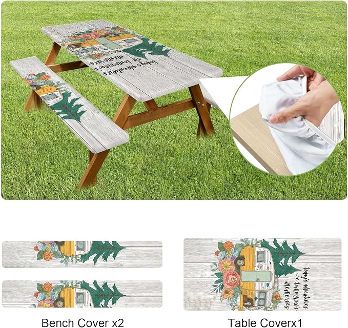 Picnic Table Cover with Bench Covers –Waterproof Windproof Camping Tablecloth with Drawstring Bag,Fitted 72in Rectangle Tables and Seats,Camper Floral Design,Camping Essentials for Patio,Park,Backyard