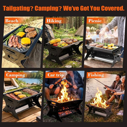 3-in-1 Portable Camping Grill, Foldable Charcoal Wood Gas BBQ & Fire Pit with Pull-Out Removable Griddle Plate & Carry Bag, for Backpacking Tailgating Patio Outdoor Cooking