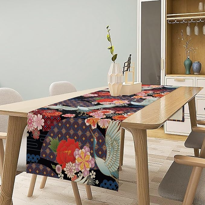 Japanese Table Runner Oriental Vintage Asian Chinese Traditional Cranes Florals Dinner Runner Table Decoration for Home Kitchen Dining Table Party Decoration 13x108in