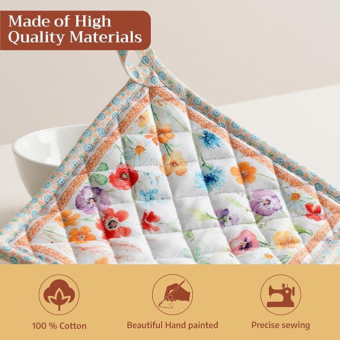 Maison d' Hermine Pot Holders 100% Cotton Heat Resistant Potholders 8" x 8" Hot Pads with Loop BBQ Cooking Baking Hotel Farmhouse Kitchen Handling Hot Pans Spring Summer (Pack of 2, Summer Whisper)
