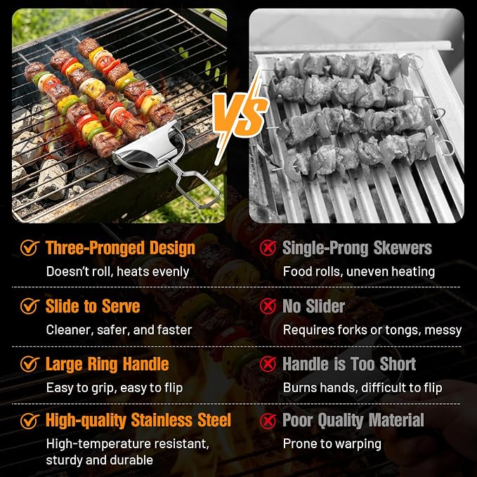 3 Prong Skewers for Grilling, Reusable Metal Kabob Skewers | 14.7" Stainless Steel BBQ Skewer with Push-Off Slider, Outdoor Grill Accessories, for Barbecuing, Grilling