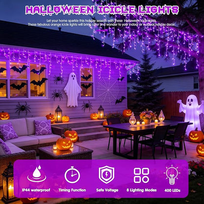 JMEXSUSS Purple Halloween Lights Outdoor, 800 LED | Icicle Lights for Outside Waterproof, 8 Modes String Lights Plug in for Fireplace Tree Garden Patio Halloween Decor
