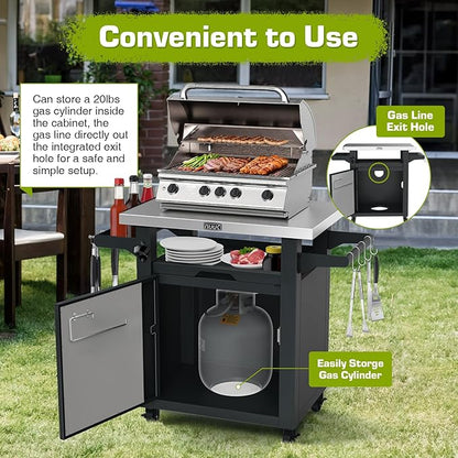 NUUK Grill Table with Storage Cabinet, Outdoor Bar Cart Pizza Oven Table with Wheels, Stainless Steel Top Kitchen Island 20" x 30" Rolling Prep Station for Indoor, BBQ, Deck, Backyard