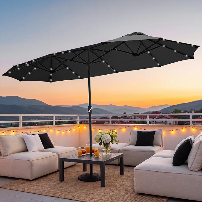 REE SOLDIER 13ft Double Sided Patio Umbrella with Solar Lights (Dark Gray) | Waterproof Fade-Resistant Fabric, Rust-Proof Aluminum Pole, Crank Tilt Adjustment, Ideal For Garden, Yard, Pool, Patio