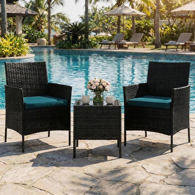 3-Piece Outdoor Furniture Set, PE Rattan Wicker Chairs with Soft Cushions & Tempered Glass Coffee Table - All-Weather Patio Set for Garden, Backyard, Porch, Poolside (Black/Green)