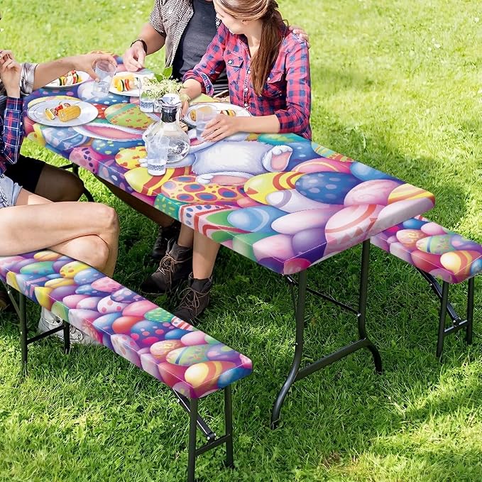 Easter Bunny Eggs Picnic Table Cover for Outdoor Camping Easter Bunny Eggs Elastic Fitted Table Cloth for Camping Party Supplies 3 PCS Set
