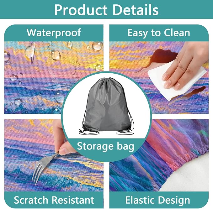 Piano Keyboard Picnic Table Cover with Bench Covers, Camping Essentials, Beach Seaside Sunset Purple Waterproof Windproof, Fitted Tablecloth Cover with Elastic Edge for Outdoor Garden 3 PCS 30x60 Inch