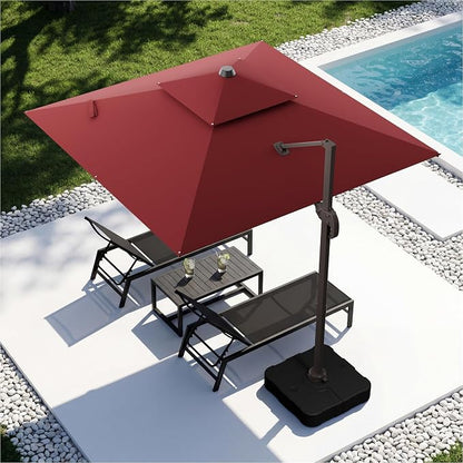 10x10FT Cantilever Outdoor Patio Umbrellas，Double Top Large Square Umbrella Heavy Duty 360°Rotation Offset Outdoor Sun Shade Umbrella for Garden Deck Pool Backyard Patio, Red