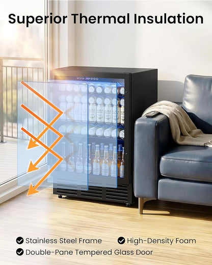 24 Inch Beverage Refrigerator 180 Cans | Under Counter Glass Door | 24 in beverage refrigerator, 180 cans, glass door, LED, lock, built-in or freestanding, quiet cooling for home, bar, kitchen