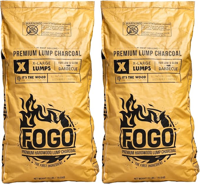 FOGO Premium Hardwood Lump Charcoal, Natural, Large Sized Lump Charcoal for Grilling and Smoking, Restaurant Quality, 35 Pound Bag, 2-Pack