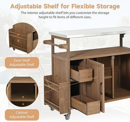 Christopher Knight Home Edsel Outdoor Bar Cart with Stainless Steel Top and Lockable Wheels, Solid Wood Outdoor Storage Cabinet, Kitchen Island Serving Cart for Poolside, Garden, Natural Brown+Silver