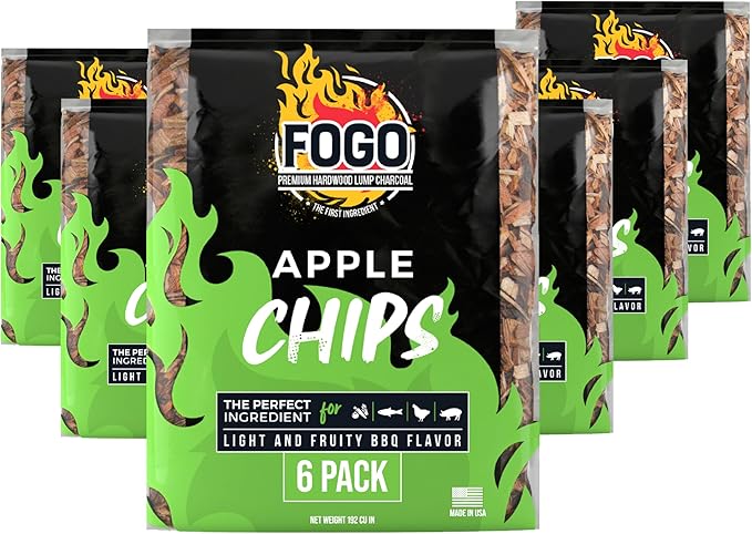 FOGO Apple Wood Chips for Grilling and Smoking, Mild Fruity BBQ Flavor for Charcoal and Gas Grills, Made in USA, 1.4 lb Bag, 6-Pack