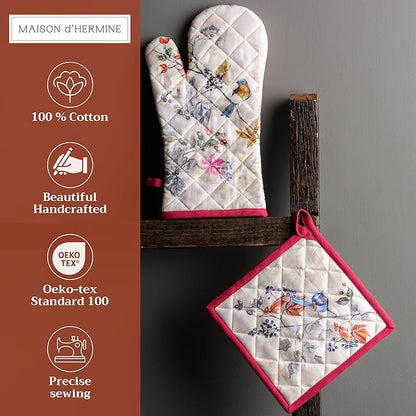 Maison d' Hermine 100% Cotton Oven Mitt & Pot Holder Set (7.5"x13" & 8"x8") Heat Resistant BBQ Cooking Gloves with Loop for Thanksgiving Christmas Decorations Handling Hot Pans (Equinoxe - Beige)