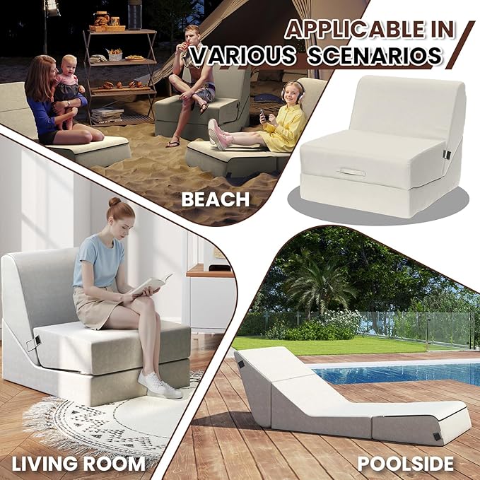 jela Outdoor Sofa, Waterproof Folding Lounge Chair and Sofa, UV Resistant Patio Sofa with Machine Washable Cover, Soft Foam Outdoor Bed Pool Lounge Chaise Chairs (Sand)