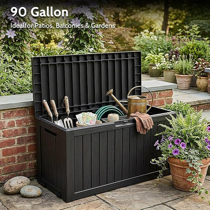 90 Gallon Deck Box Outdoor Storage Box Waterproof for Patio Furniture,Outdoor Cushions,Garden Tools and Pool Supplies,Lockable, Resin and Easy to Install Black