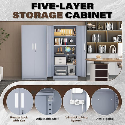 Incbruce 72” Metal Storage Cabinet, Locking Steel Storage Cabinet with 2 Doors and 4 Adjustable Shelves, Tall Lockable Tool for Garage, Home, Office (Cement Grey)