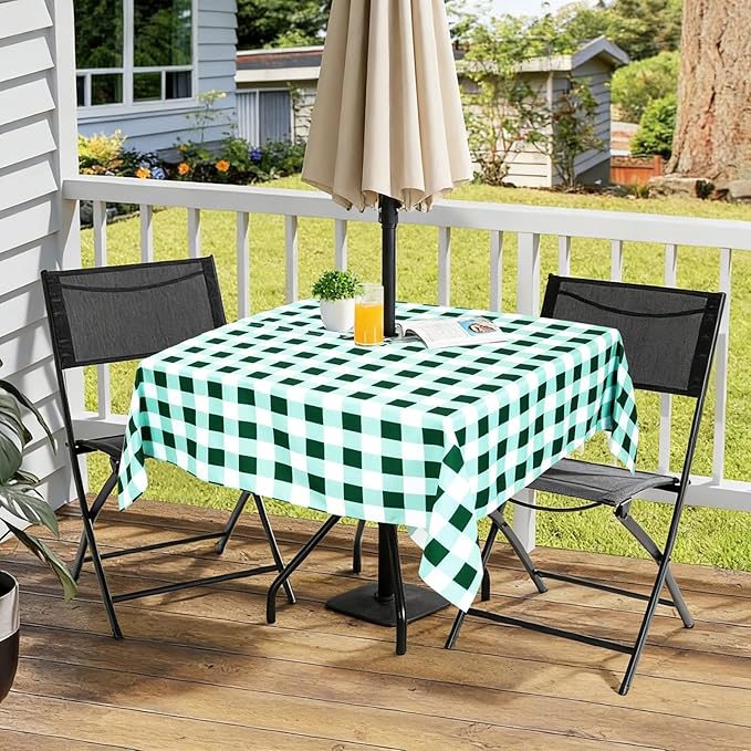 Poise3EHome Square Outdoor Tablecloth with Umbrella Hole and Zipper,Green and White Gingham 60x60 Inch,SpillProof Washable Table Cloth for Spring Summer Patio Garden Poolside Picnic Camping BBQS