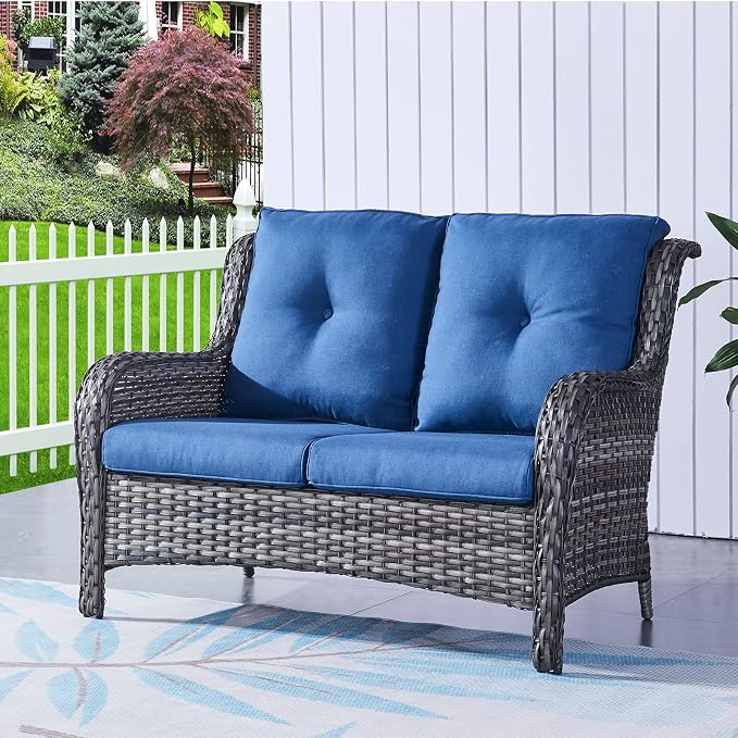 Rilyson Luxury Patio Outdoor Wicker Loveseat 500 Lbs Weight Capacity, Rattan Outdoor 2 seat Sofa Wicker with Deep Seating and Replaceable Cushions for Outside Porch Deck Balcony (Mixed Grey/Blue)