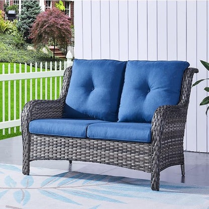 Rilyson Luxury Patio Outdoor Wicker Loveseat 500 Lbs Weight Capacity, Rattan Outdoor 2 seat Sofa Wicker with Deep Seating and Replaceable Cushions for Outside Porch Deck Balcony (Mixed Grey/Blue)