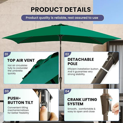 Ayge 6.5x10FT Rectangular Patio Umbrella Outdoor Table Umbrella w/Push Button Tilt & Crank Rectangle Market Umbrella UV Protection for Garden,Deck,Lawn,Yard & Pool,Green