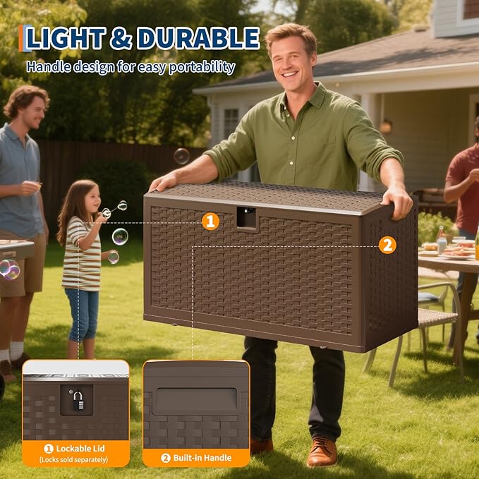 Garvee Outdoor Storage Box, 73 gal Large Waterproof Resin Deck Box Indoor Outdoor Use, Lockable UV Resistant Storage Bin for Patio, Garden, Cushions, Tools, Equipment, Brown