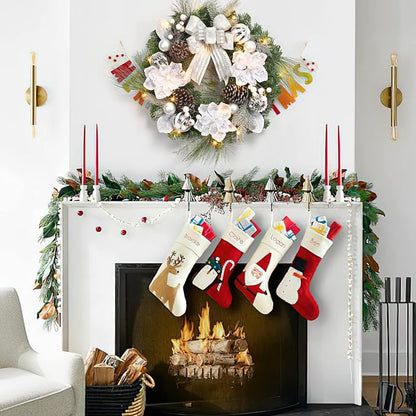 GarveeHome Christmas Wreath with Lights, 24 in Pre-lit Silver White Xmas Wreath with 20 Battery Operated LED Lights Artificial Magnolia Flower & Bow for Front Door Window Indoor Outdoor Decorations