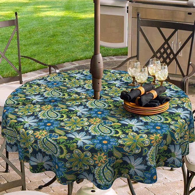 Outdoor/Indoor Round Tablecloth with Umbrella Hole Zipper, Decorative Circular Table Cover for Home Garden, 60 Inch, Wonder Garden