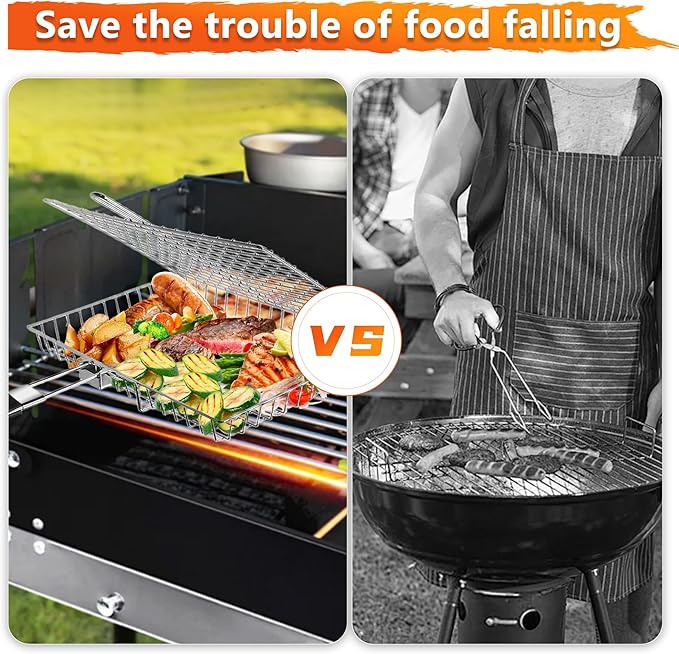 Fish Grilling Basket, Stainless Steel Grill Basket with Removable Handle, Portable Folding Grilling Rack for Outdoor Cooking Meat Vegetables Seafood BBQ