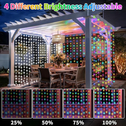 Solar Curtain Lights Outdoor Waterproof 10x10Ft 300LED Multicolor Cool White Dual Color Changing Fairy String Lights with Dimmable Remote Timer Memory for Christmas Balcony Pergola Patio