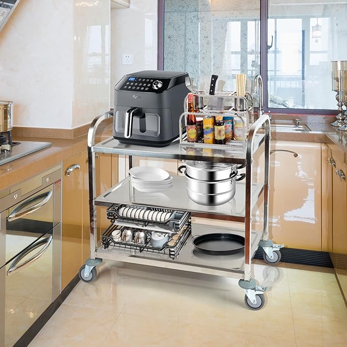 AQNIEGEP Stainless Steel Utility Cart, 3-Tier Heavy-Duty Kitchen Cart with Lockable Wheels, 400lbs Capacity for Restaurant, Lab, Office - Commercial Grade & Easy Assembly