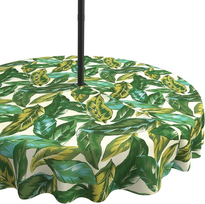 LVTXIII Round Outdoor Tablecloth with Umbrella Hole and Zipper, Water-Repellent 60 Inch Patio Table Cover for Bistro, Garden, Patio & Picnic, Lush Leaf Jungle