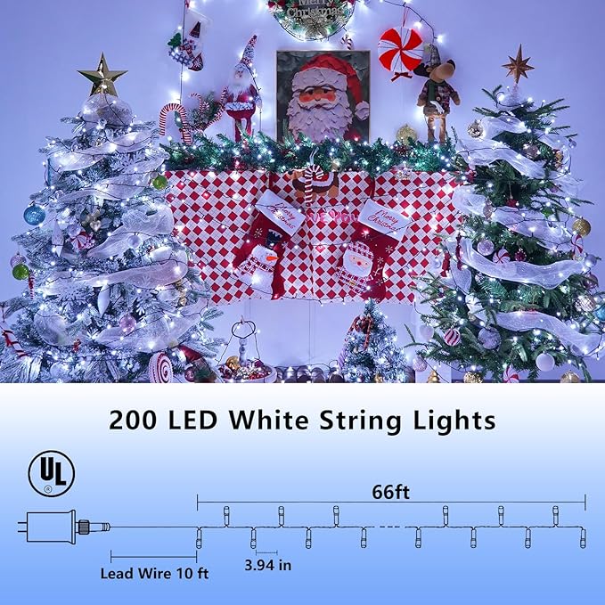 YEGUO 66ft 200 LED White String Lights Outdoor Waterproof, Green Wire Christmas Lights Indoor, 8 Modes Twinkle Tree Lights Plug in with Memory Timer