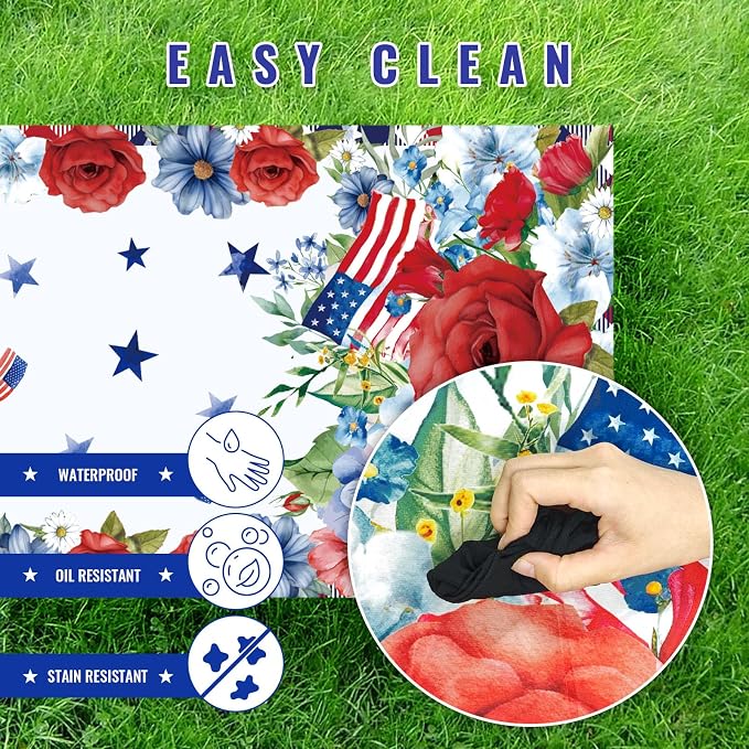 Cinrobiye 84 Inch Picnic Table Cover with Bench Covers, Fitted Elastic Waterproof Picnic Tablecloth with Bench Covers, Red White and Blue American Flag Table Cover for Camping, BBQ, Outdoor Parties