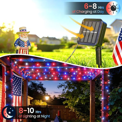 Red White and Blue Lights Solar String Lights Outdoor Waterproof for 4th of July Decorations and Memorial Day Decorations, Total 100LED 45FT for Garden Yard Pathway Fence, 8 Modes 50LED x 2 Packs