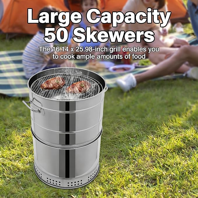 Large Portable Charcoal BBQ Grill, 360° Rotating Smokeless Grill with 50 Skewers & 2 Cooking Modes (Hanging/Grid), Oil-Carbon Separation Design for Camping Backyard Travel