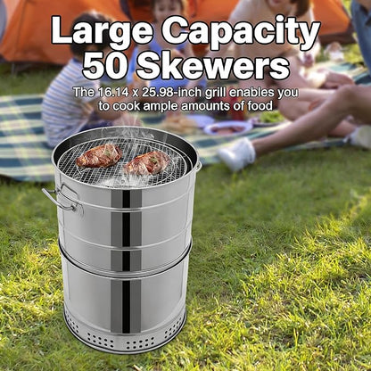 Large Portable Charcoal BBQ Grill, 360° Rotating Smokeless Grill with 50 Skewers & 2 Cooking Modes (Hanging/Grid), Oil-Carbon Separation Design for Camping Backyard Travel