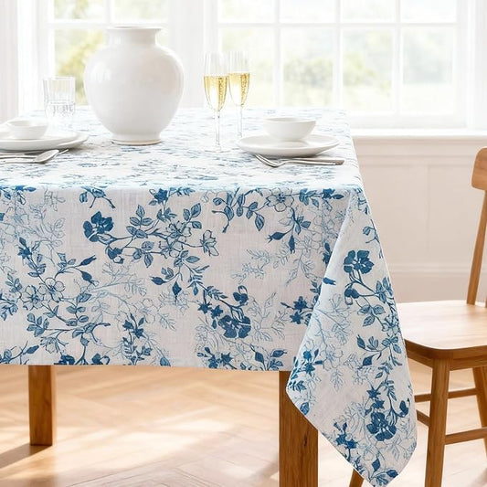H.VERSAILTEX Linen Table Cloths Floral Printed Tablecloth Spill-Proof Waterproof Table Cover for Dining Buffet Feature Soft and Thick Fabric Wrinkle Free, 60 x 60 Inch, Retro Floral - Stone Blue