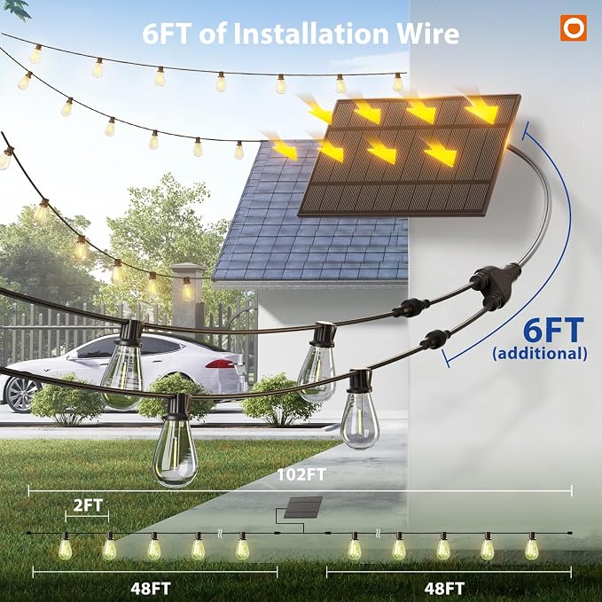addlon 102FT(96+6) Solar String Lights Outdoor, with 52 Dimmable LED Bulbs | Waterproof, Shatterproof, Spaced 2FT, USB Charging, Remote, Last 20+ Hrs, Easy Install for Garden Backyard Pergola Party