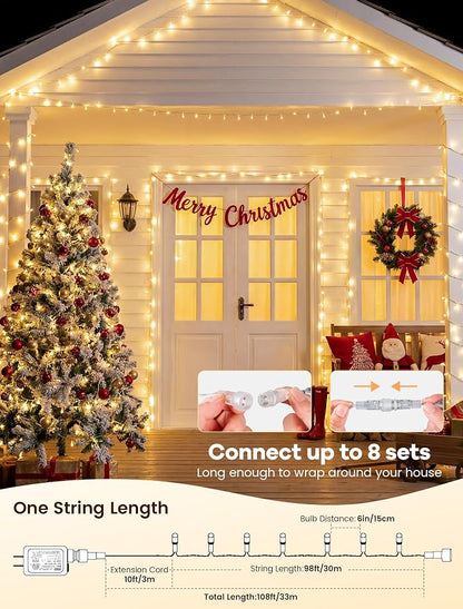 98FT 200 LED Warm White Christmas Fairy Twinkle String Lights Indoor | Remote Control, 8 Modes with Memory, 4 Dimmable Brightness, 3 speed levels, Connectable, IP65 Waterproof, Transparent Wire
